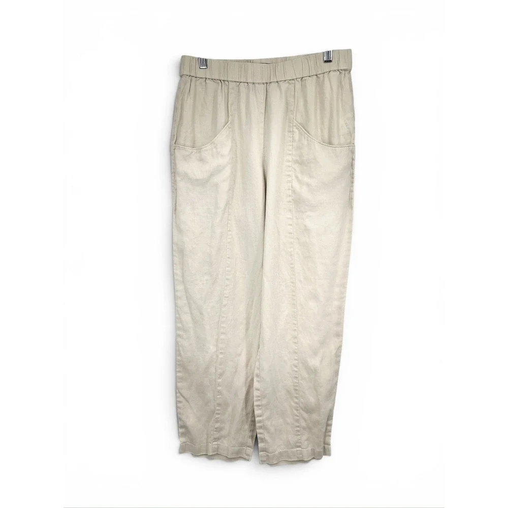 Quince European Linen Wide Leg Pants Oatmeal Beige Elastic Waist Womens Medium